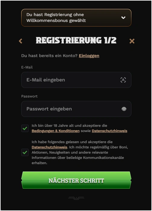Wildsino-Registrierung